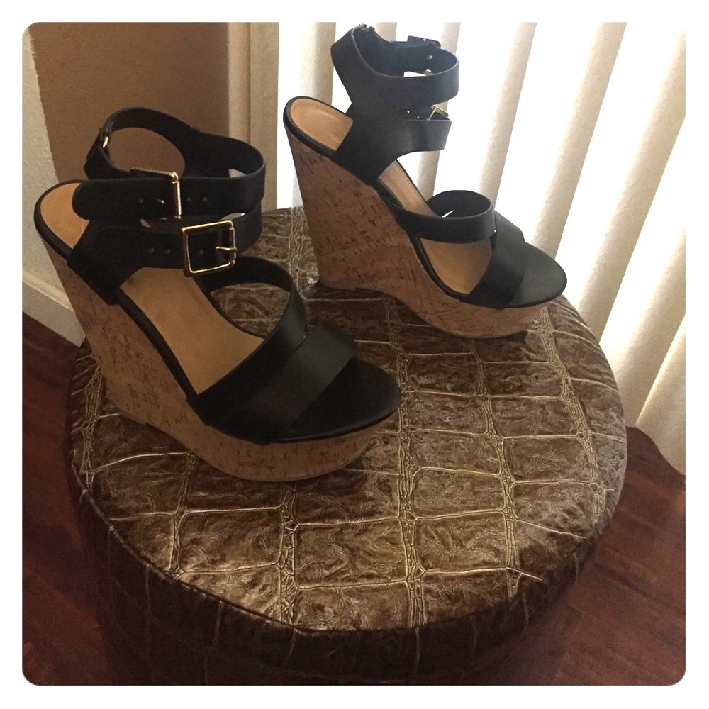 Black strappy wedges with cork wedge