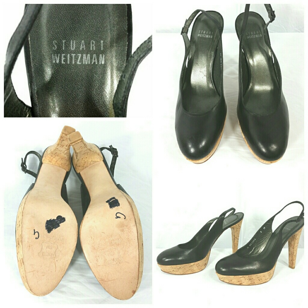 Stuart Weitzman Black Leather Cork Heels Shoes 8M