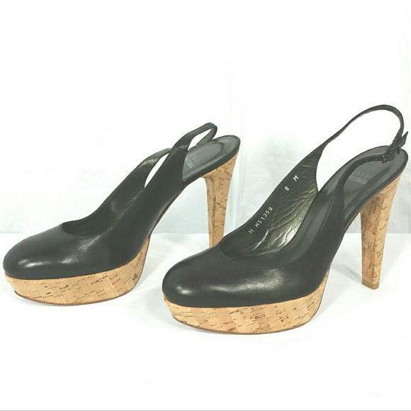 Stuart Weitzman Black Leather Cork Heels Shoes 8M - Picture 2 of 5