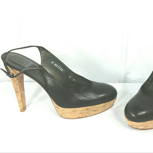 Stuart Weitzman Black Leather Cork Heels Shoes 8M - Picture 3 of 5