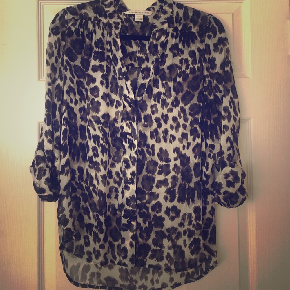 DVF Leopard Print Sheer Silk Blouse