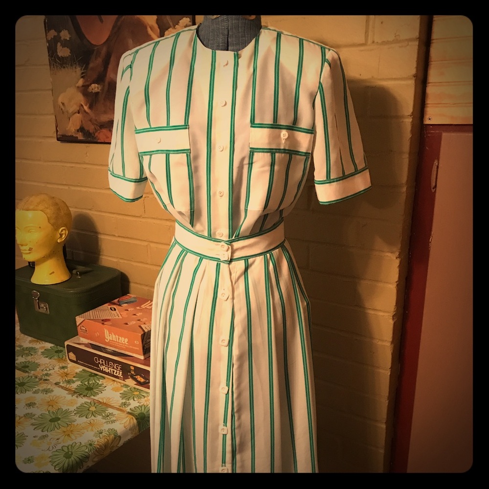 Vintage Striped Button-Up Skirt w/ Matching Blouse