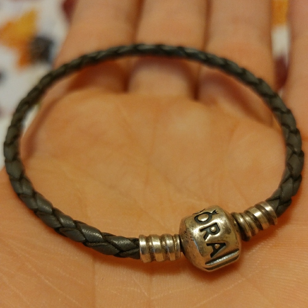 Pandora dark gray braided leather silver bracelet