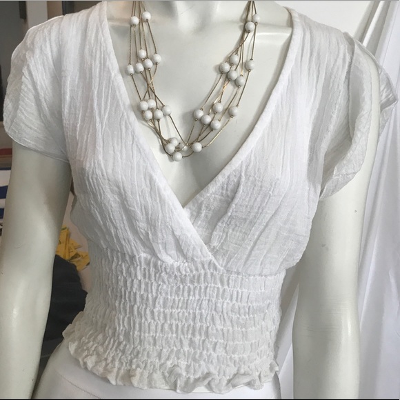Anthropologie Tops - Anthropologie White Smocked Butterfly SS Midriff Crop Top XS/S NWT Cottagecore
