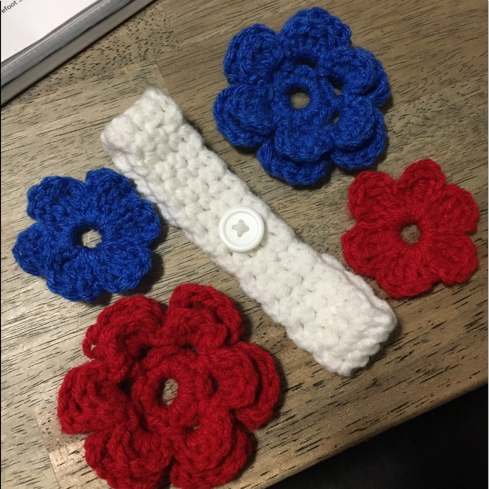 Homemade patriotic crocheted headband & flowers
