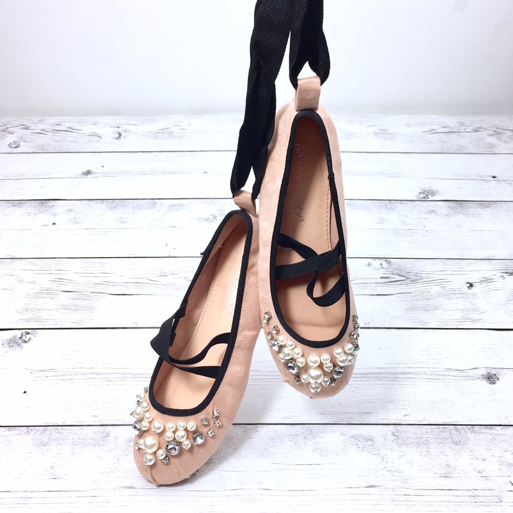 Lace Up Flats Pearl Embellished Suede Ballet Flats - Picture 7 of 7