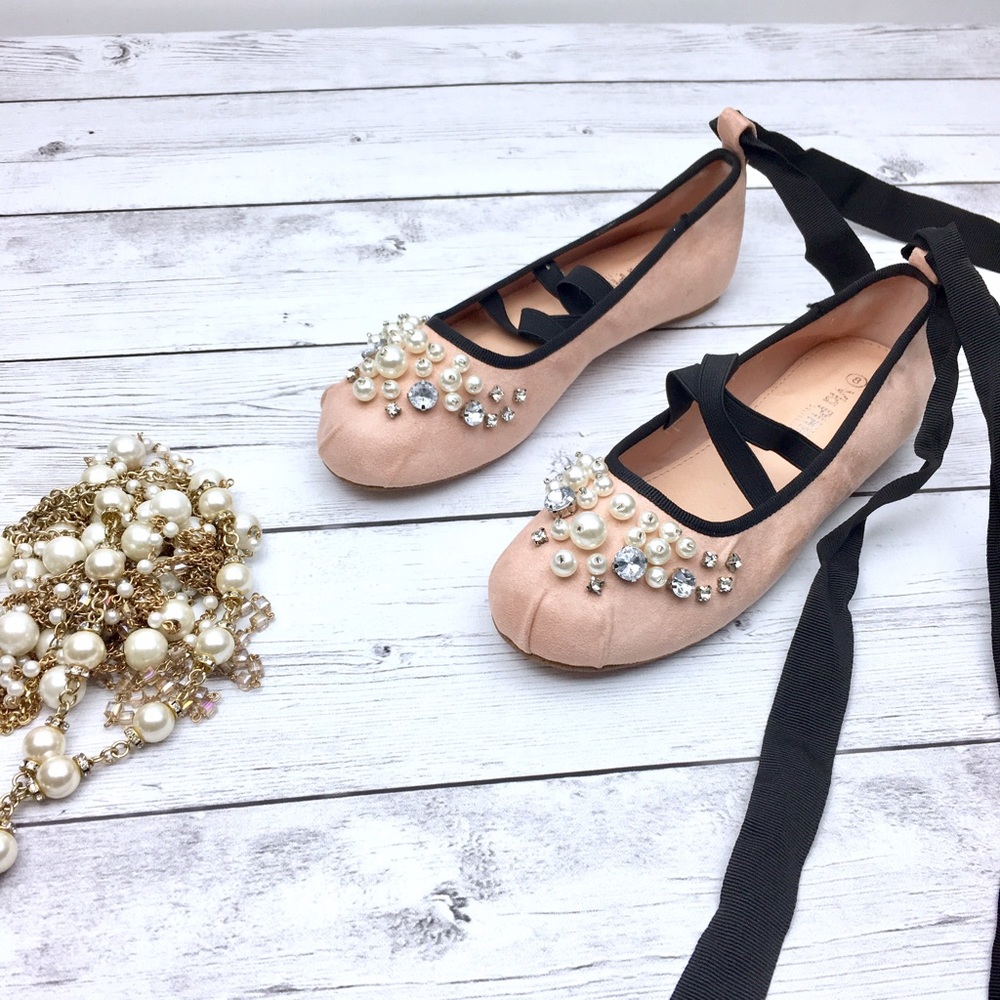 Lace Up Flats Pearl Embellished Suede Ballet Flats - Picture 3 of 7