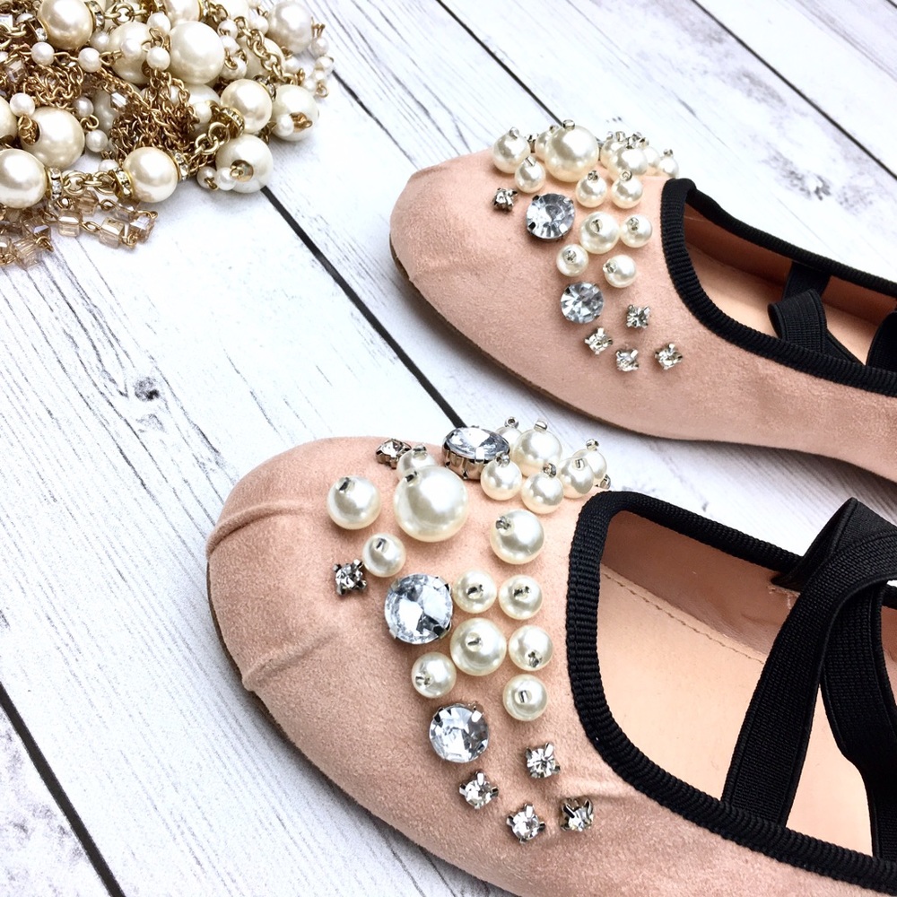 Lace Up Flats Pearl Embellished Suede Ballet Flats - Picture 5 of 7
