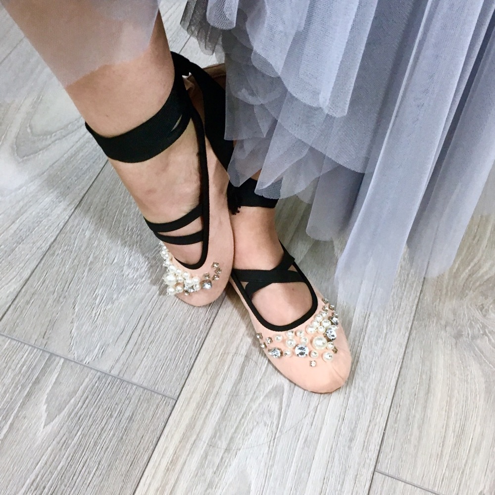 Lace Up Flats Pearl Embellished Suede Ballet Flats - Picture 2 of 7