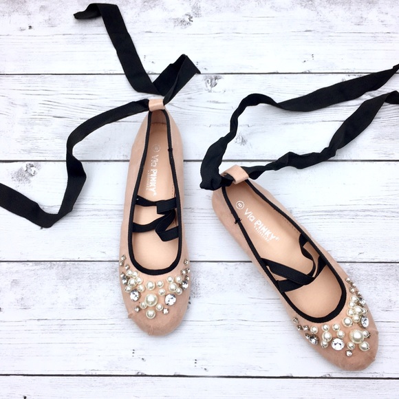 Lace Up Flats Pearl Embellished Suede Ballet Flats - Picture 6 of 7