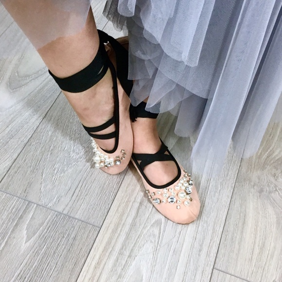 Lace Up Flats Pearl Embellished Suede Ballet Flats - Picture 2 of 7