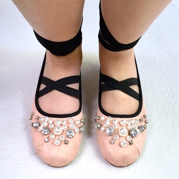 Lace Up Flats Pearl Embellished Suede Ballet Flats - Picture 4 of 7