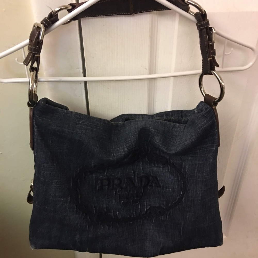 Authentic PRADA Denim and Leather Shoulder Bag.