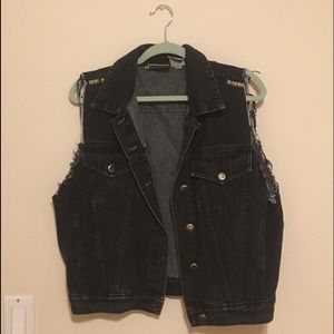 Punk black denim sleeveless jacket with studs
