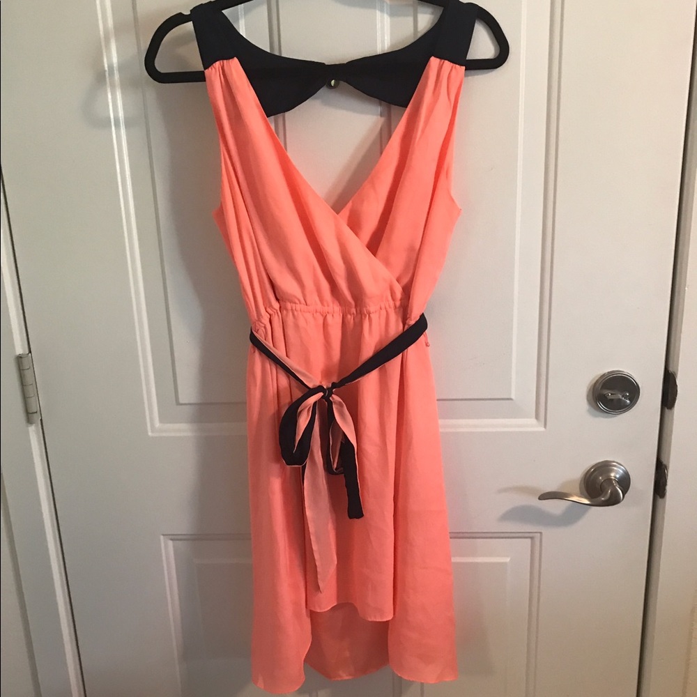 Neon coral and navy hi-lo dress