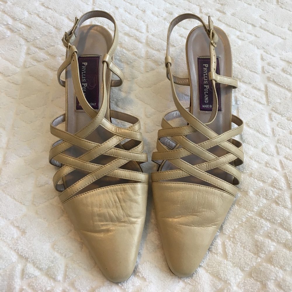 PHYLLIS POLAND SOFT GOLD LEATHER SLINGBACKS.