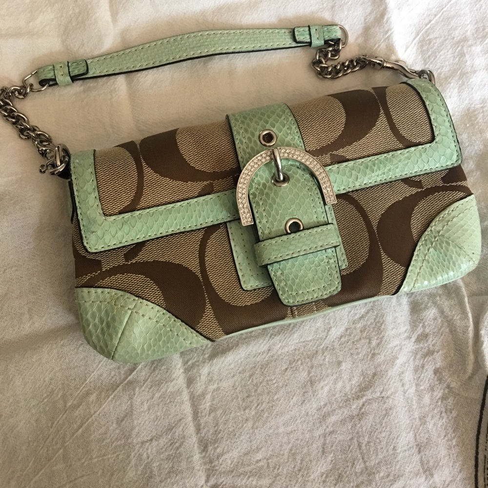 Classic Coach clutch brown w. mint reptile accent