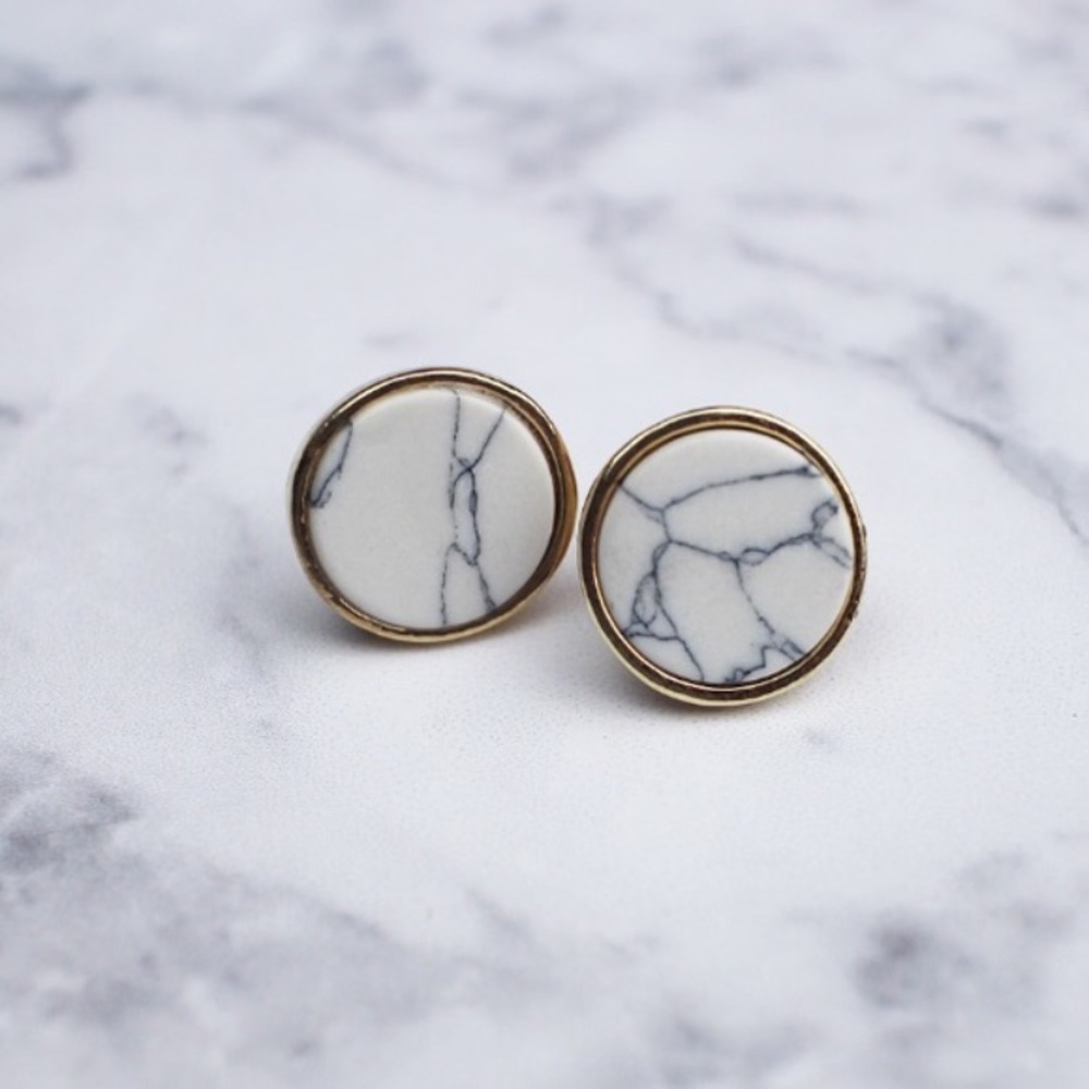 White Marble Circle Studs