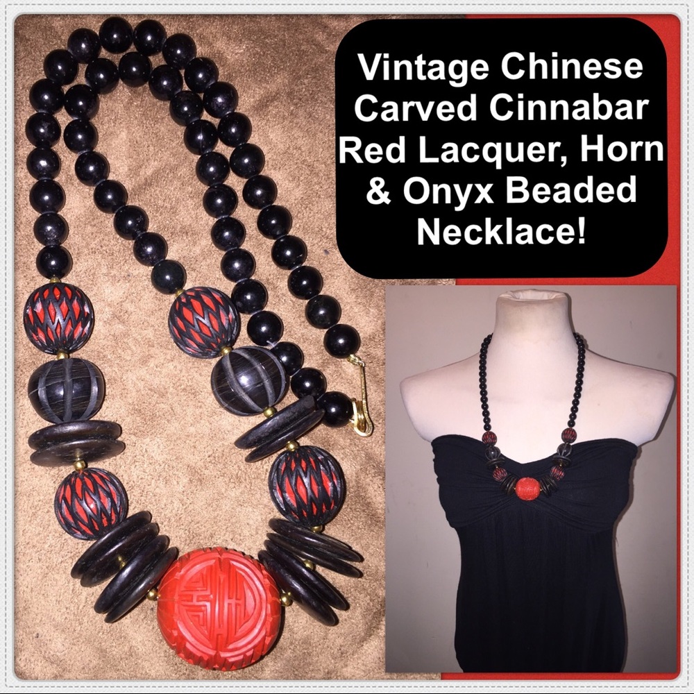 VTG Chinese Red Cinnabar, Horn & Onyx Necklace!