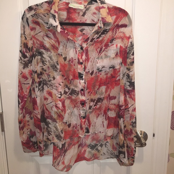 Staring at Stars Tops - Abstract print long sleeve button down blouse