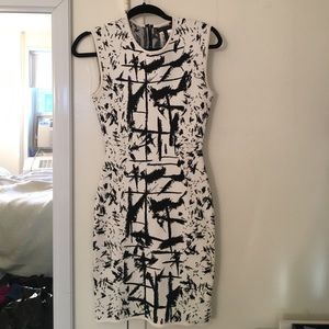 BCBG black and white paint splatter bandage dress