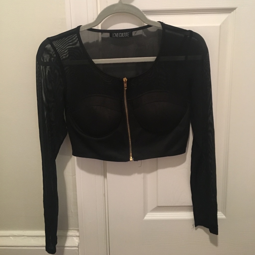 Black Mesh Long Sleeve Crop Top