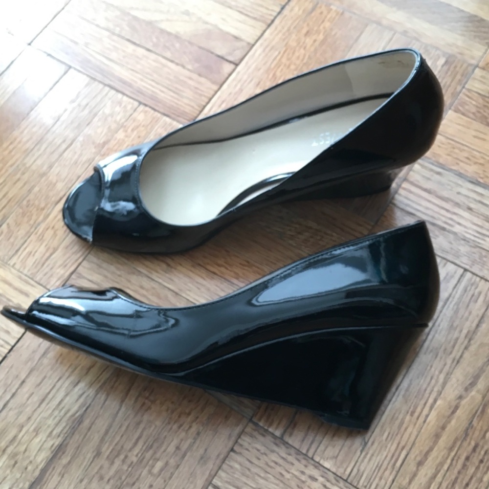 Black patent peep toe wedges