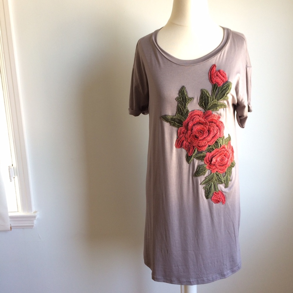 Embroidered Gray Rose Tunic T-Shirt Dress - Picture 3 of 8