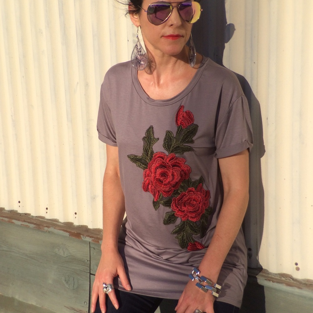 Embroidered Gray Rose Tunic T-Shirt Dress - Picture 2 of 8