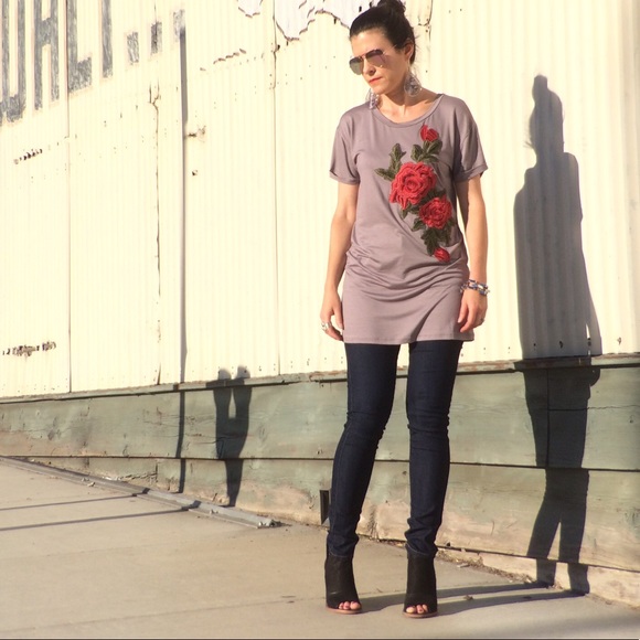 Embroidered Gray Rose Tunic T-Shirt Dress - Picture 4 of 8