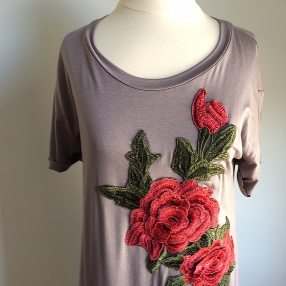 Embroidered Gray Rose Tunic T-Shirt Dress - Picture 7 of 8