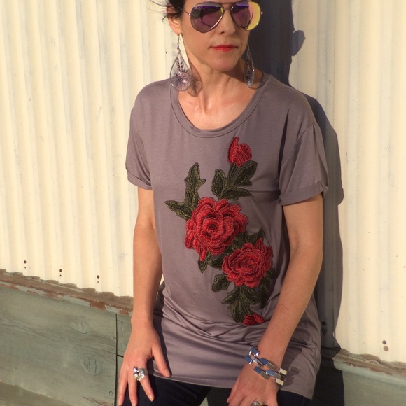 Embroidered Gray Rose Tunic T-Shirt Dress - Picture 2 of 8