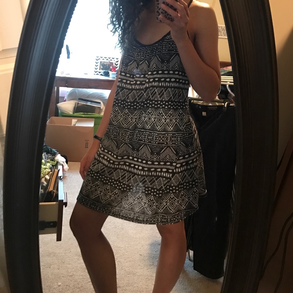 Spaghetti strapped black and white dress.