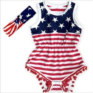 Patriotic outfit pom design romper with headband