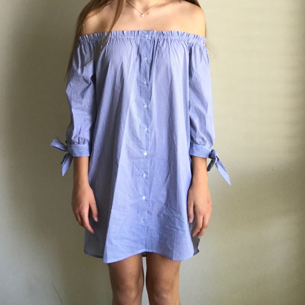 Blue and white striped off the shoulder dress