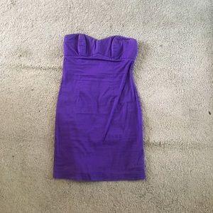 Purple strapless mini dress.