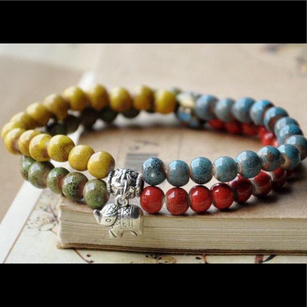 Elephant Silver Charm Handmade Stretch Bracelet