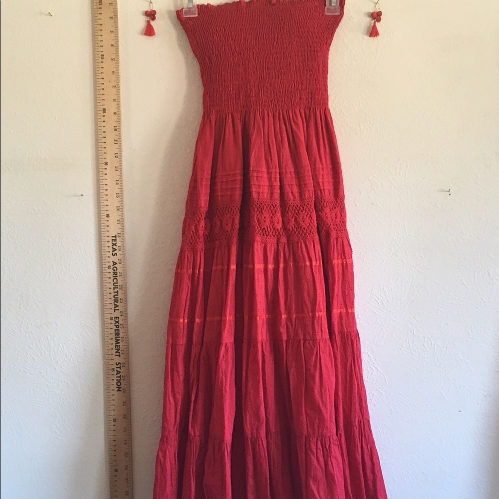 New York red boho long tier strapless mumu gathers