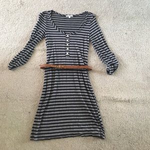 Gray/black striped 3/4 sleeve dress.