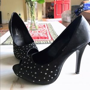 Black satin peep toe heels with crystals