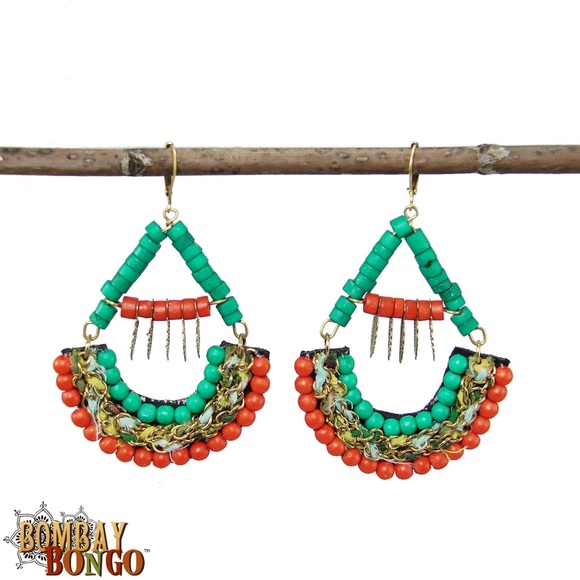 Boho Fair Trade Turquoise Coral Kantha Earrings - Picture 2 of 5