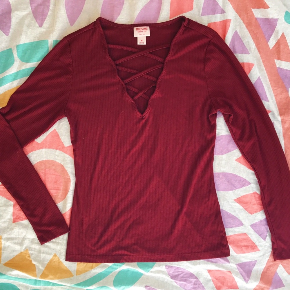 Maroon Strappy Chest Long Sleeve Shirt