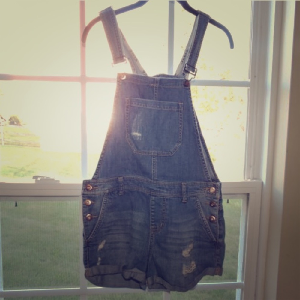 Distressed denim overalls shorts