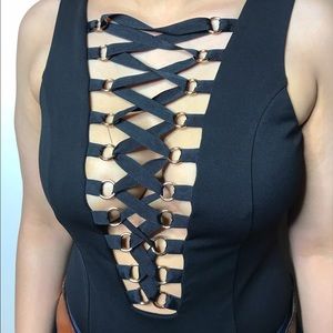 Black Criss cross/lace up bodysuit with gold rings