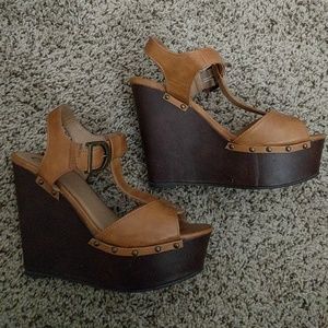 Cognac T-strap Wedges