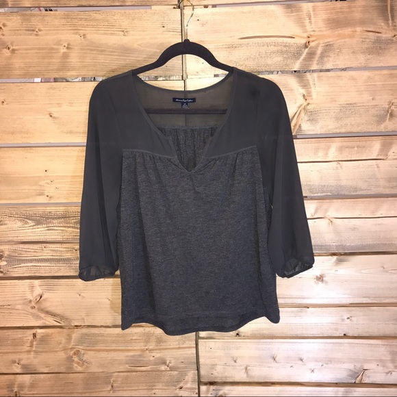 American Eagle Gray 3/4 Sleeve Shirt - Picture 1 of 3
