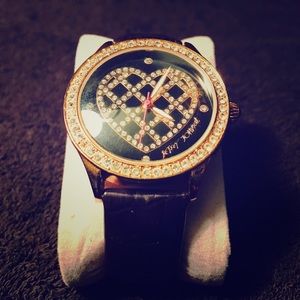 Betsey Johnson Black Gold Crystal Heart Watch