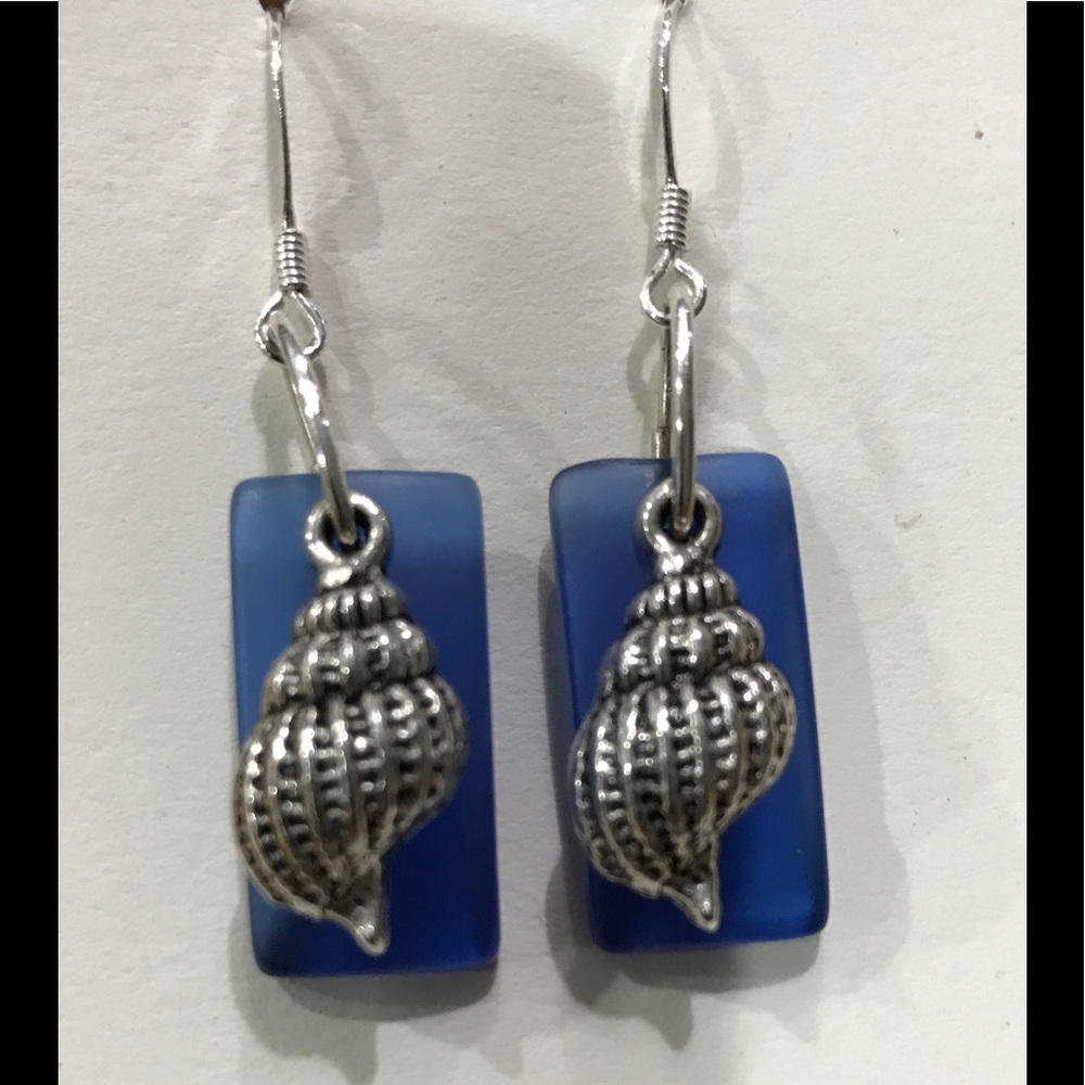 Blue Sea Glass Shell Earings