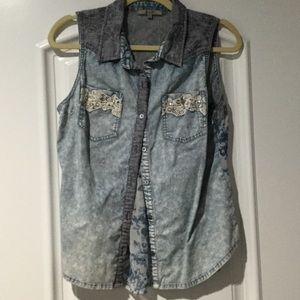 Miss Me chambray and rhinestones button up