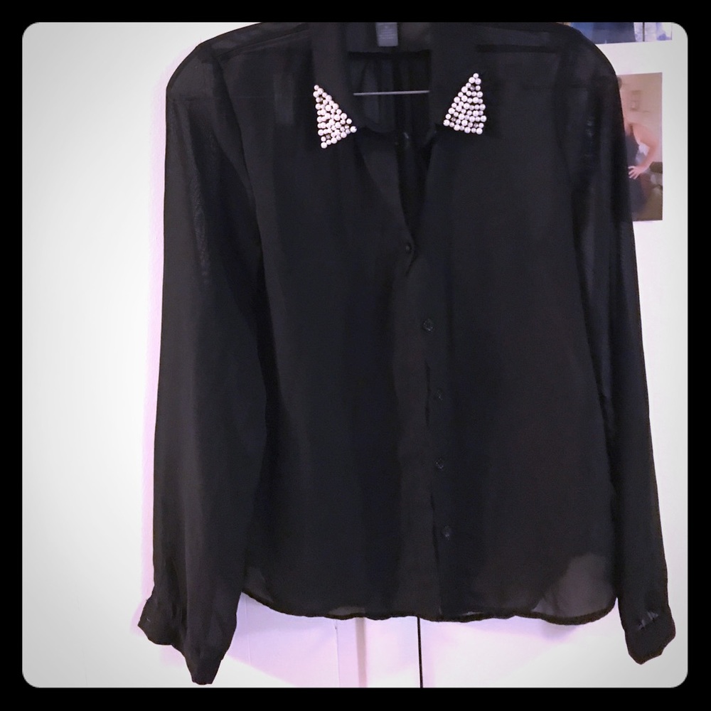 Black mesh button down with pearl accent collar